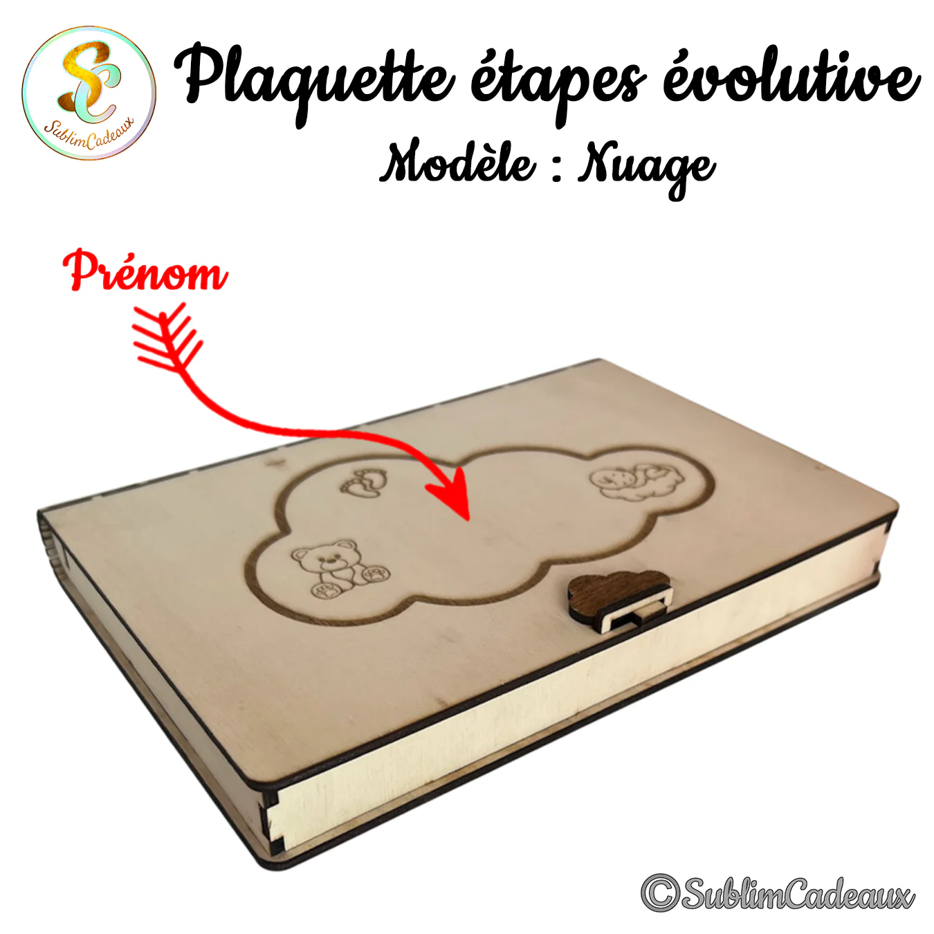 Coffret en bois fermé, couvercle gravé d'un nuage avec ourson et pieds de bébé, fermoir nuage, zone prénom à personnaliser