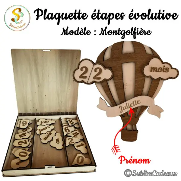Plaque bébé en bois gravé en forme de montgolfière, nuages chiffres, prénom à personnaliser sur banderole et coffret