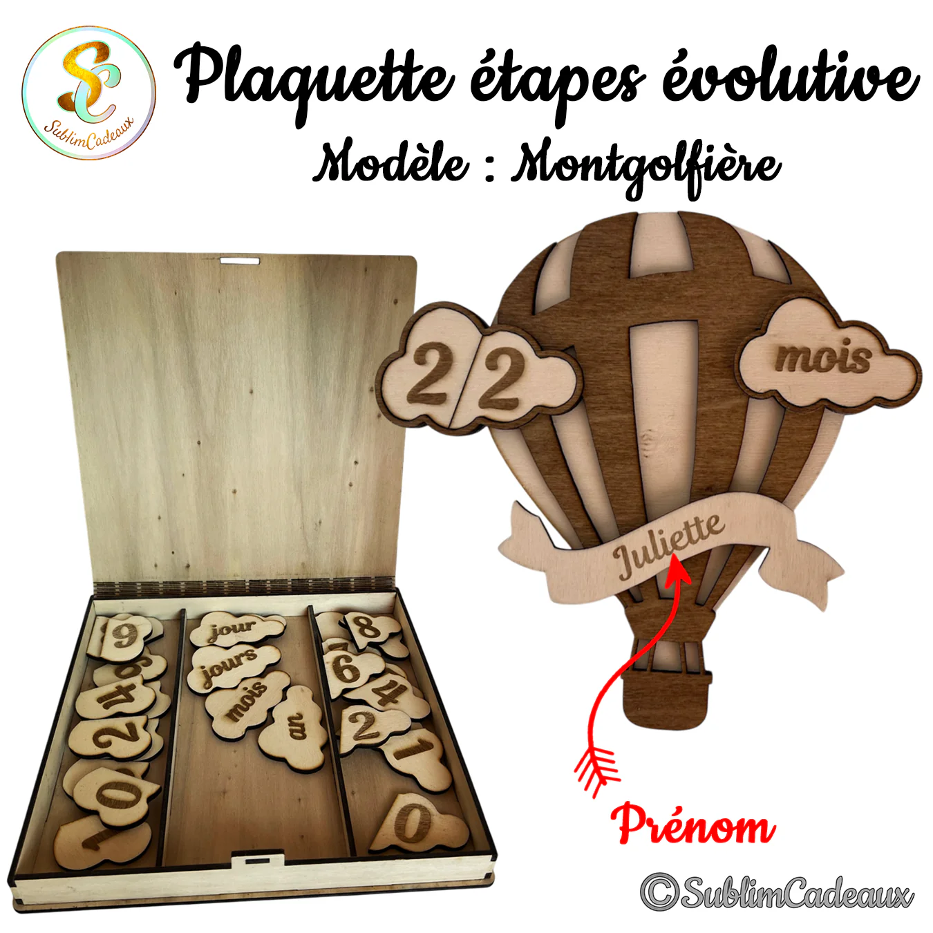 Plaque bébé en bois gravé en forme de montgolfière, nuages chiffres, prénom à personnaliser sur banderole et coffret