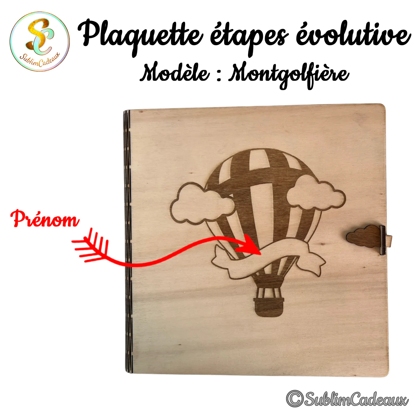Couvercle en bois gravé d'une montgolfière entourée de nuages avec banderole au prénom à personnaliser