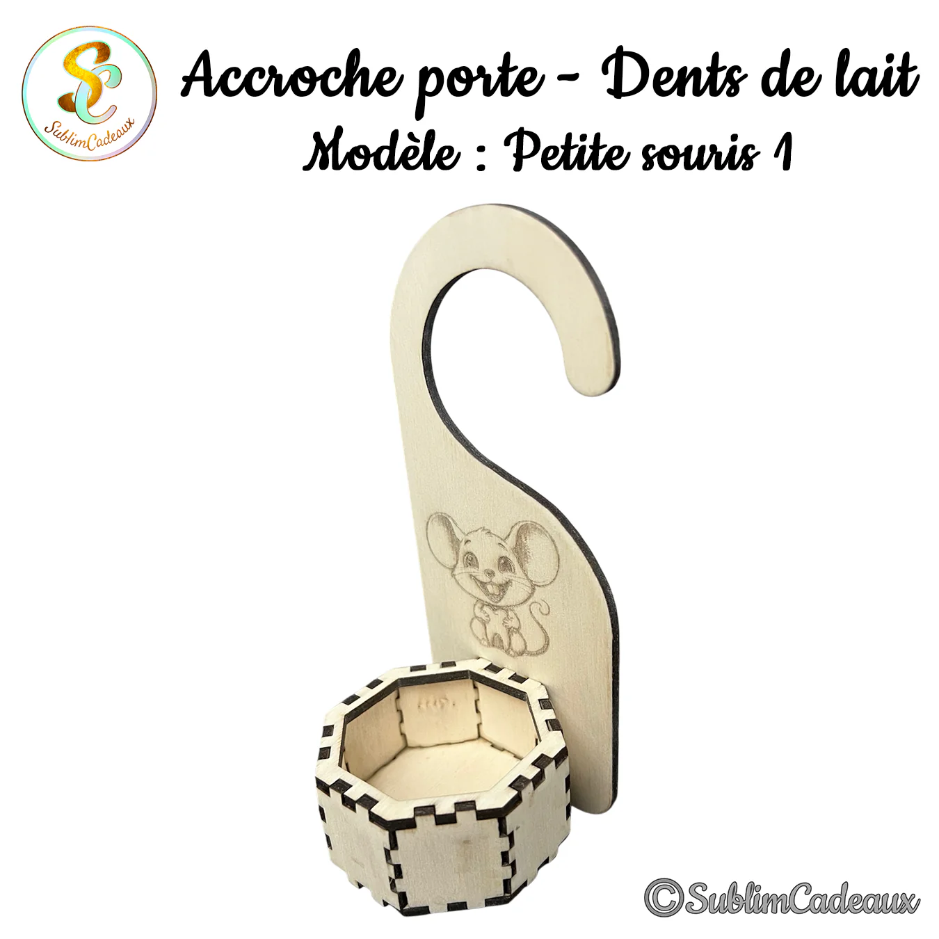 Accroche-porte en bois gravé d'une petite souris souriante avec boîte octogonale pour dents de lait