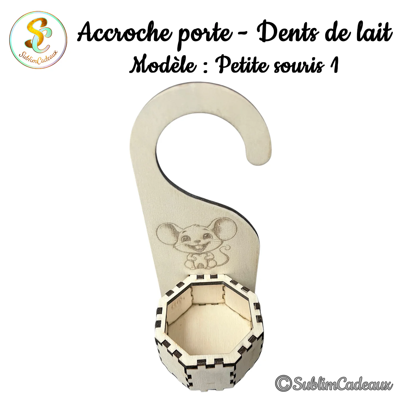Petit accroche-porte en bois pour dents de lait, souris gravée et boîte octogonale, vue de face