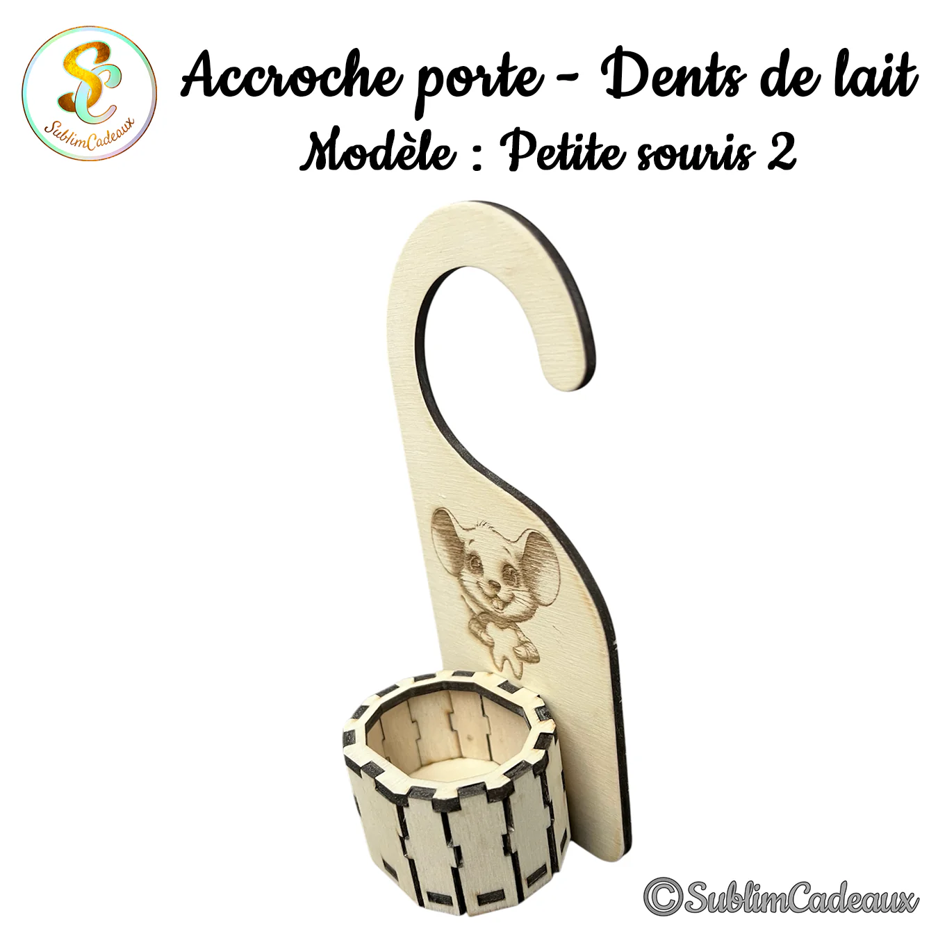 Accroche-porte à dents de lait en bois, petite souris gravée et boîte octogonale, modèle personnalisable
