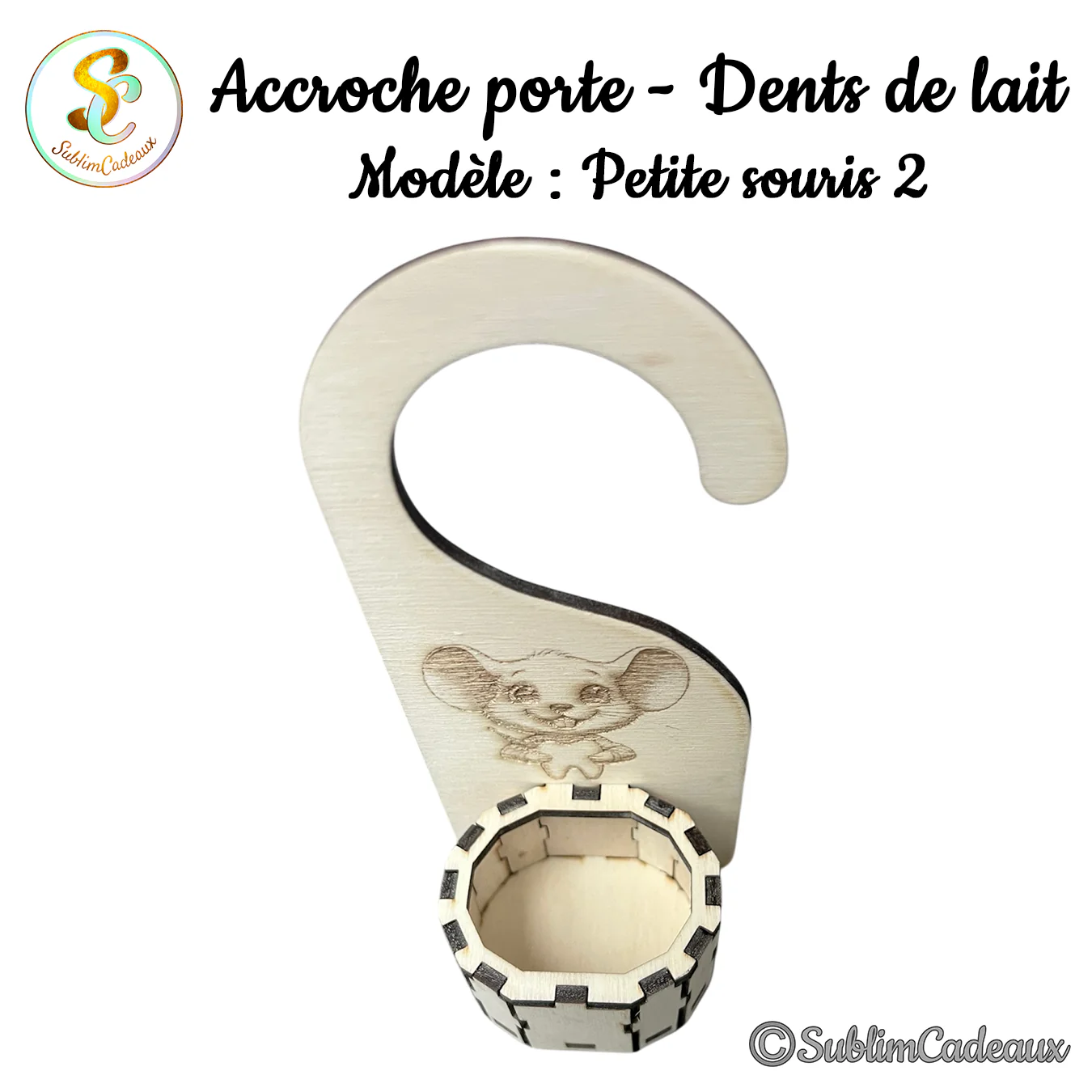 Boîte à dents de lait octogonale et accroche-porte en bois gravé d'une souris, vue de dessus, personnalisable