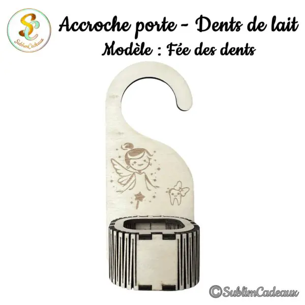 Accroche-porte en bois gravé d'une fée des dents et d'une petite dent souriante, avec boîte à dents de lait personnalisable