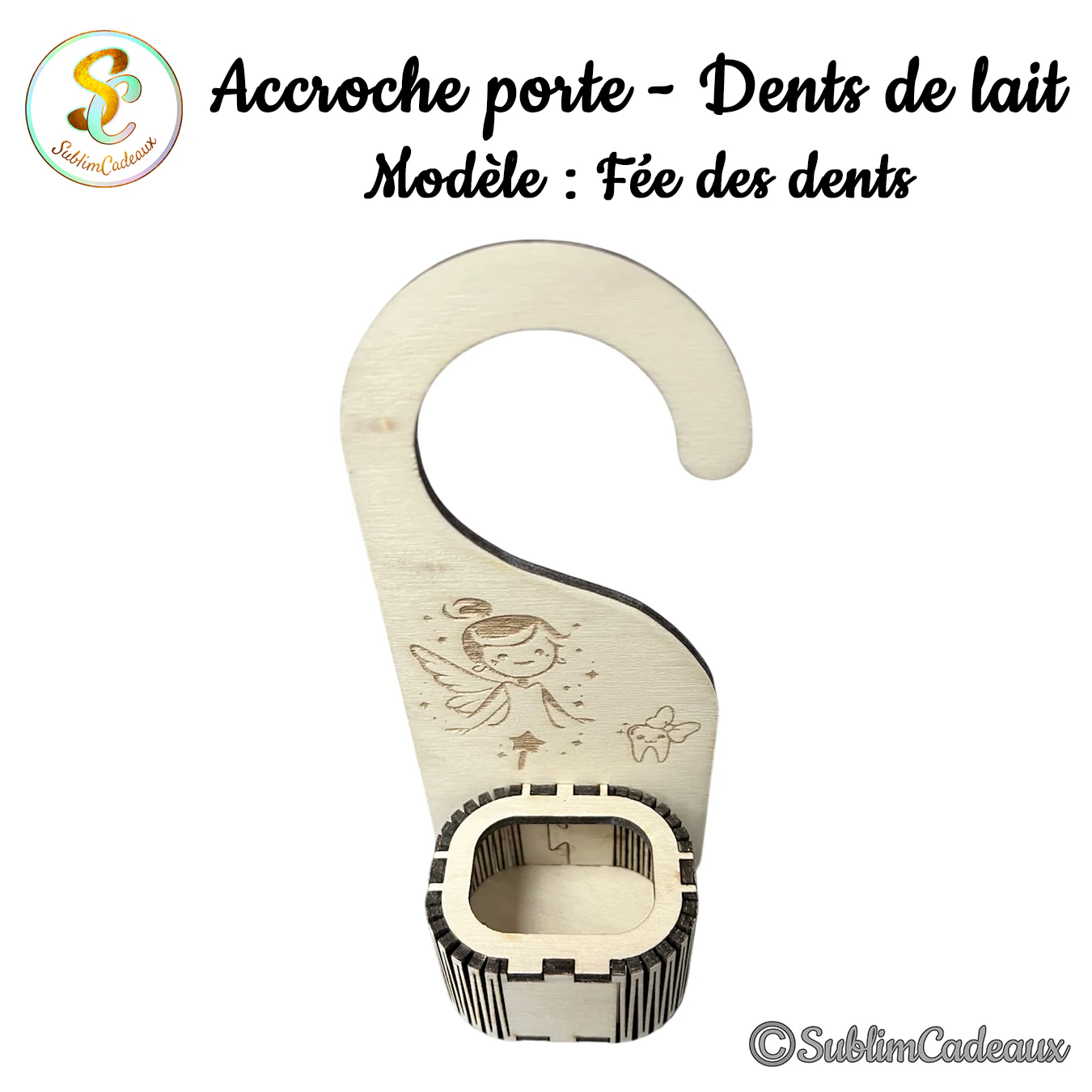 Accroche-porte en bois gravé d'une fée et d'une dent ailée, boîte à dents de lait, personnalisable