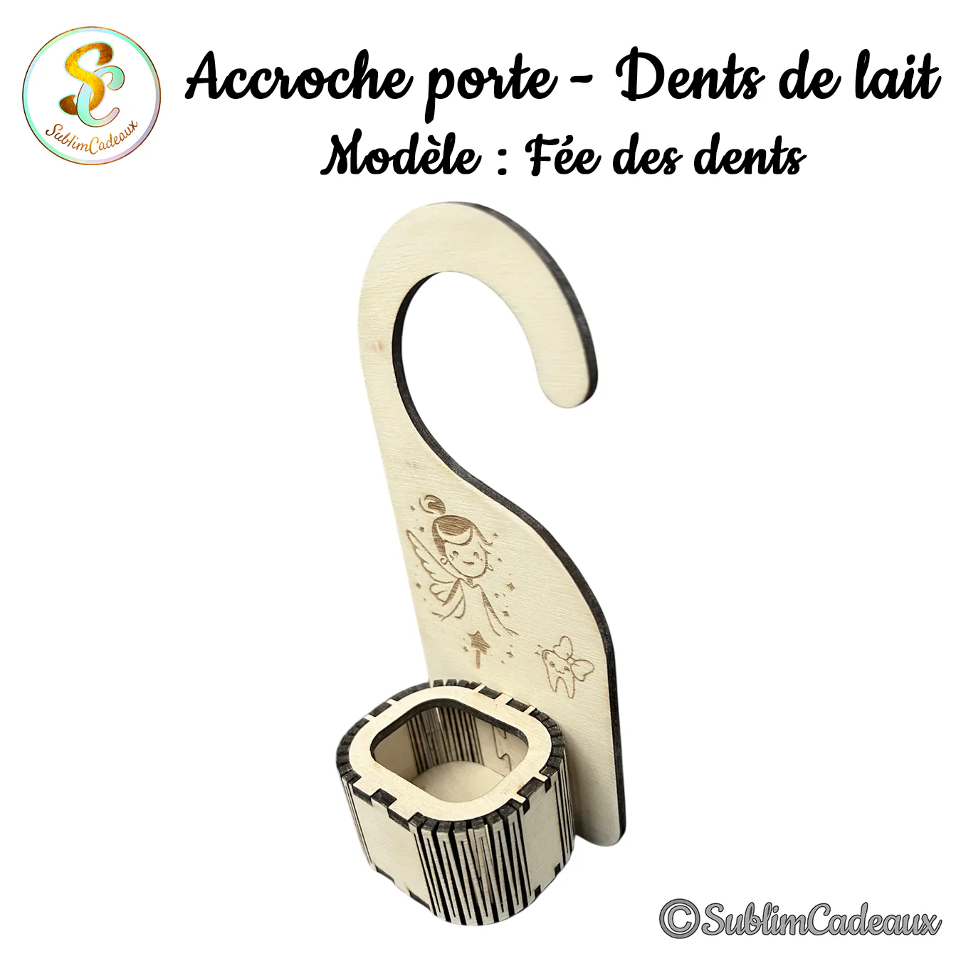 Boîte à dents de lait en bois, accroche-porte gravé d'une fée et d'une dent ailée, personnalisable