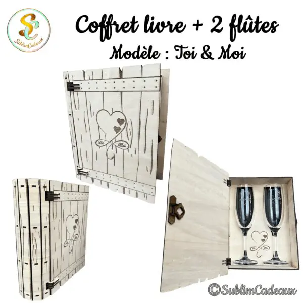 Coffret livre en bois gravé d'un cœur et d'un signe infini Toi et Moi, ouvert sur deux flûtes à champagne assorties