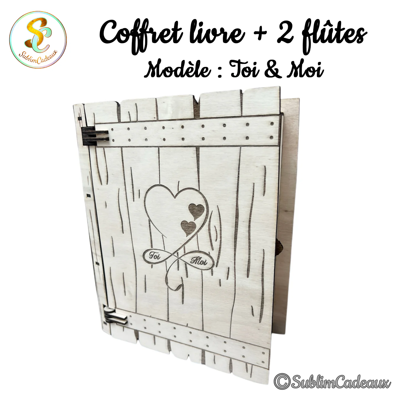 Couvercle en bois gravé façon planches avec un cœur et un motif infini, coffret livre à charnières