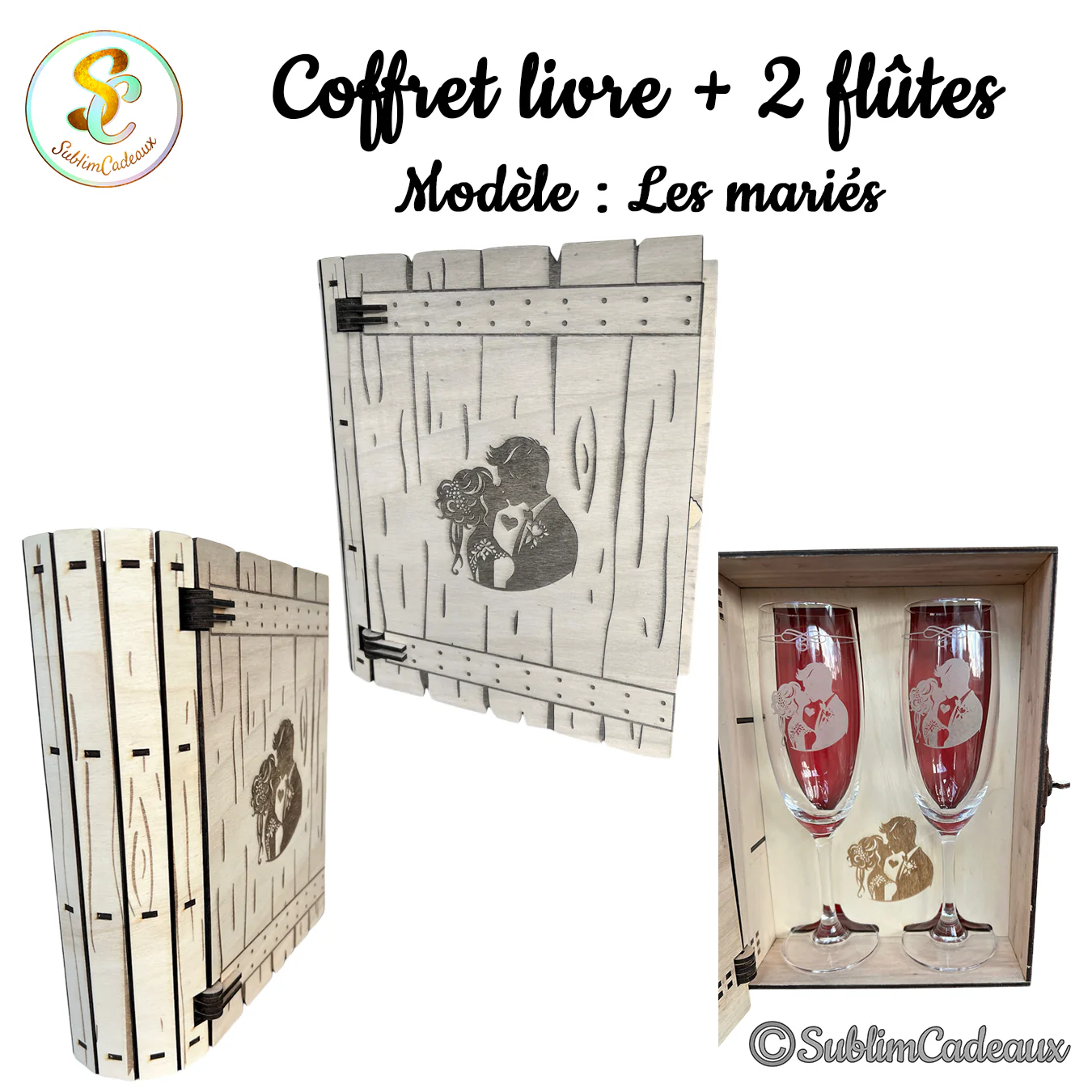 Coffret livre en bois gravé d'un couple de mariés enlacés, ouvert sur deux flûtes à champagne gravées assorties