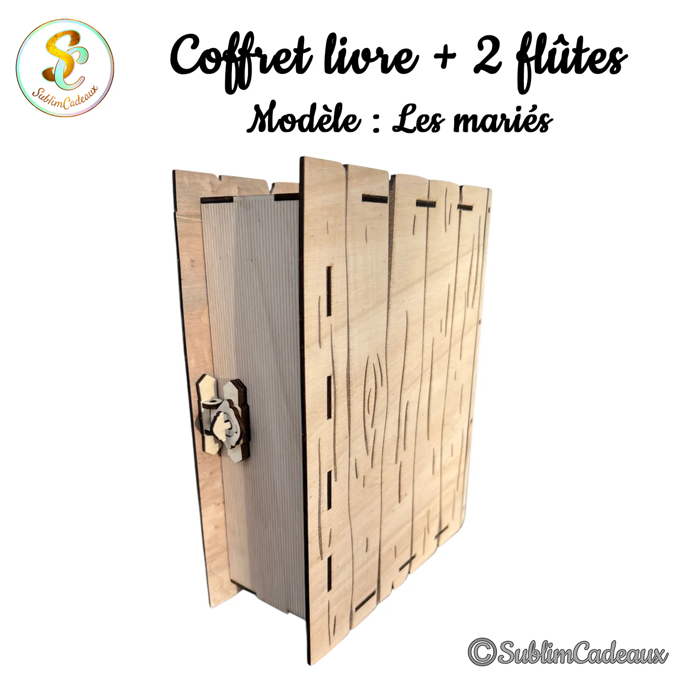 Boîte livre en bois fermée, dos à lattes et couvercle gravé façon planches, petit fermoir en bois