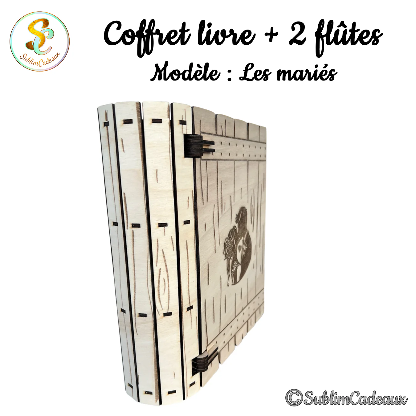 Couvercle en bois gravé façon planches orné d'un couple de mariés dans un ovale, coffret livre fermé