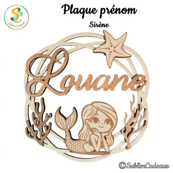Plaque prénom en bois découpé thème mer, petite sirène, étoile de mer et coraux, prénom à personnaliser en cursive