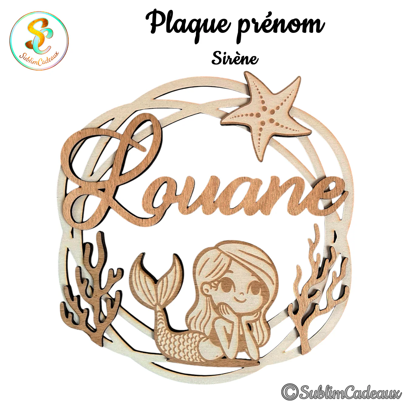 Plaque prénom en bois découpé thème mer, petite sirène, étoile de mer et coraux, prénom à personnaliser en cursive