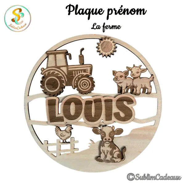 Plaque prénom en bois découpé thème ferme, tracteur, vache, cochon, chèvre et poule, prénom à personnaliser