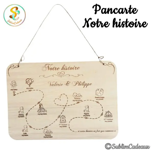 Plaque en bois gravée au laser retraçant l'histoire d'un couple, prénoms et dates à personnaliser, à suspendre