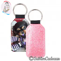 Porte-clés rectangulaire à paillettes roses, photo d'un chiot imprimée, anneau métal argenté