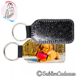 Porte-clés rectangulaire à paillettes noires, photo d'un chien imprimée, anneau métal argenté