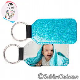 Porte-clés rectangulaire à paillettes bleu turquoise, photo de bébé imprimée, anneau métal