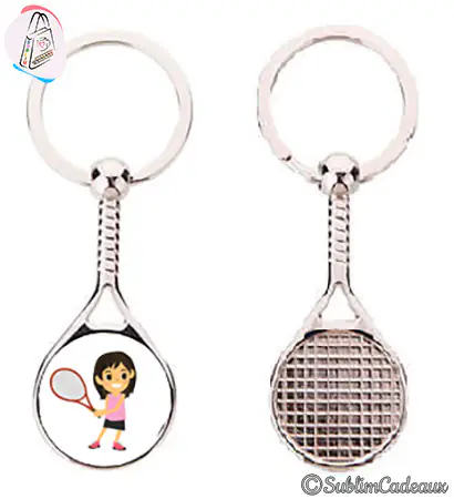 Porte-clés en forme de raquette de tennis en métal, illustration d'une joueuse imprimée, dos strié