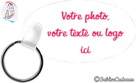 Porte-clés ovale à personnaliser avec photo, texte ou logo, face blanche et anneau métallique