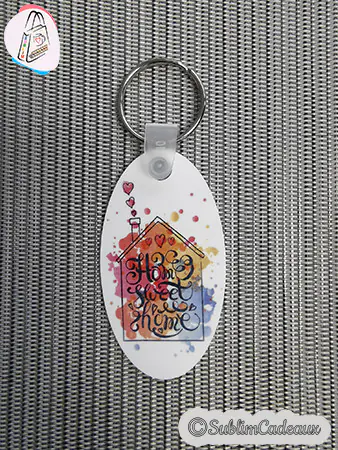 Porte-clés ovale imprimé d'une maison et du texte Home sweet home en aquarelle, motif à personnaliser