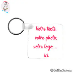 Porte-clés carré blanc à personnaliser avec texte, photo ou logo, monté sur anneau métallique