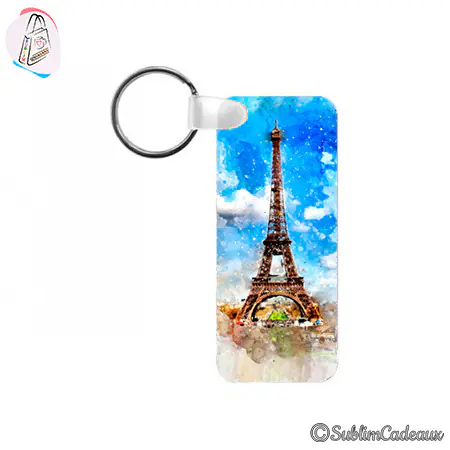Porte-clés rectangulaire imprimé de la tour Eiffel à l'aquarelle sur ciel bleu, motif à personnaliser