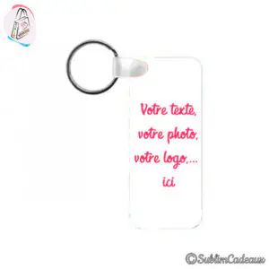 Porte-clés rectangulaire blanc à personnaliser avec texte, photo ou logo, format allongé et anneau argenté