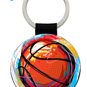 Porte-clés rond imprimé d'un ballon de basket orange sur fond de peinture colorée, attache simili cuir noire