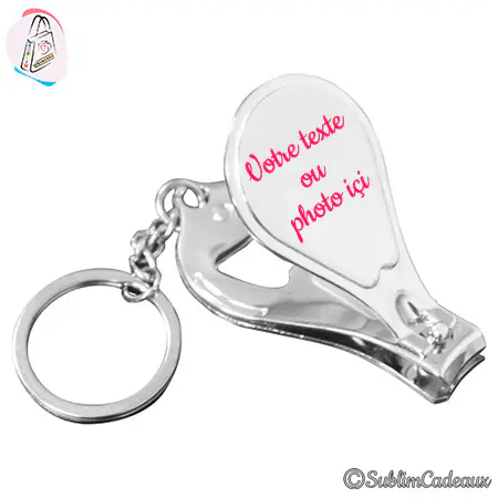 Porte-clés coupe-ongles et décapsuleur en métal argenté, partie ovale à personnaliser avec texte ou photo