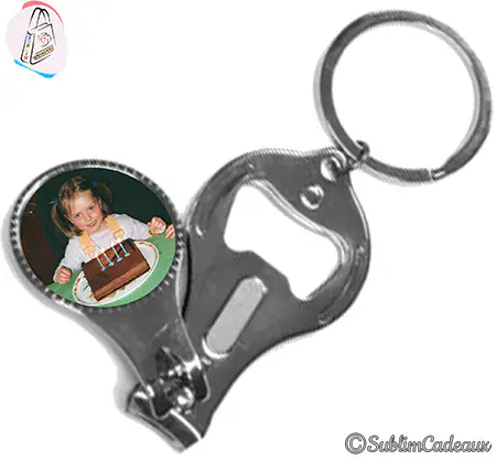 Porte-clés coupe-ongles et décapsuleur en métal, pastille ronde avec photo à personnaliser