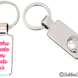 Porte-clés rectangulaire en métal argenté avec ballon de football en relief, à personnaliser avec une photo ou un texte