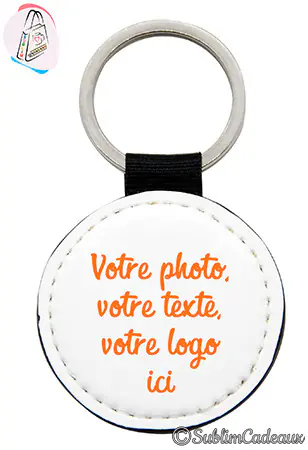 Porte-clés rond en simili cuir blanc, à personnaliser avec une photo, un texte ou un logo