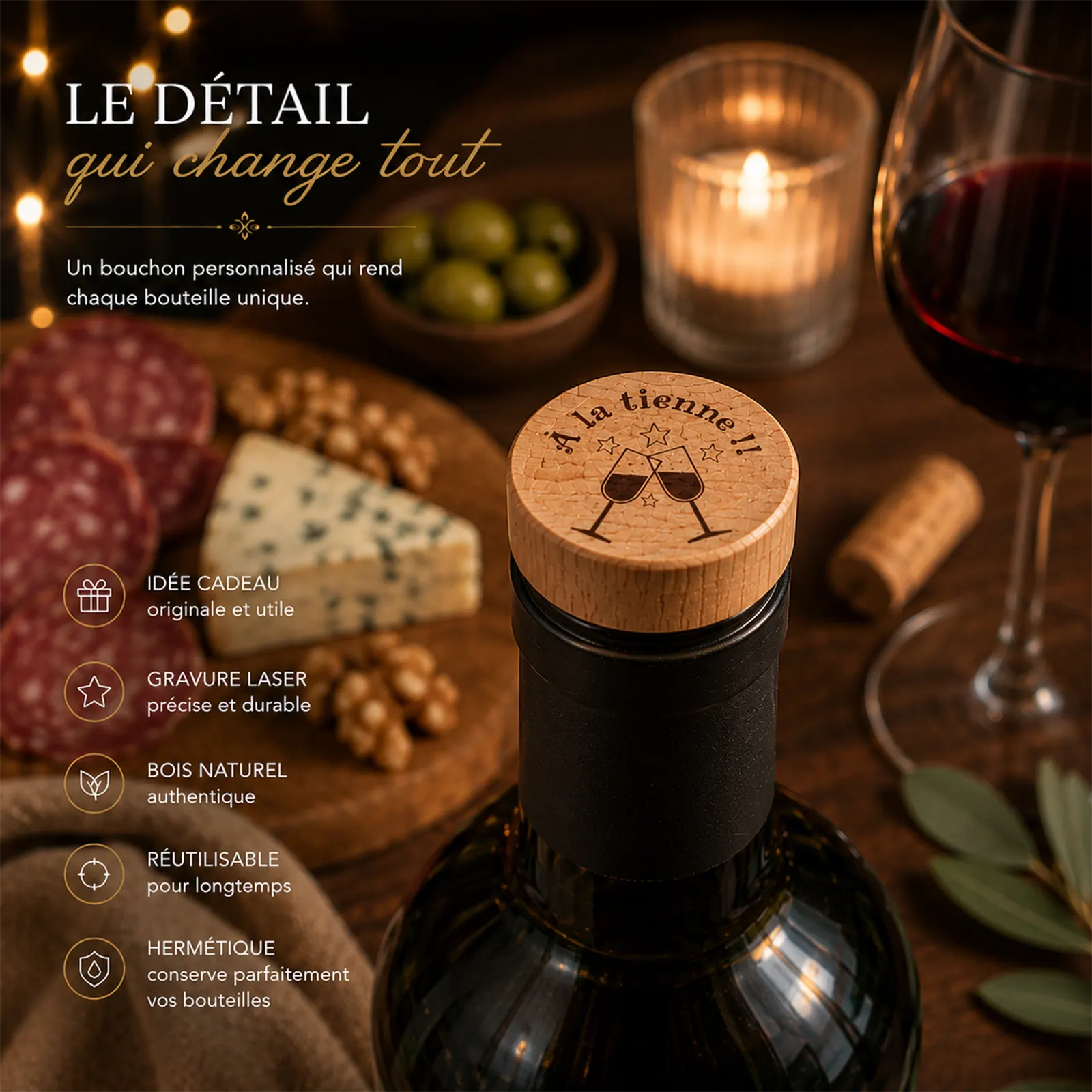Bouchon en bois gravé « À la tienne » sur une bouteille de vin, planche de fromages et verre de rouge