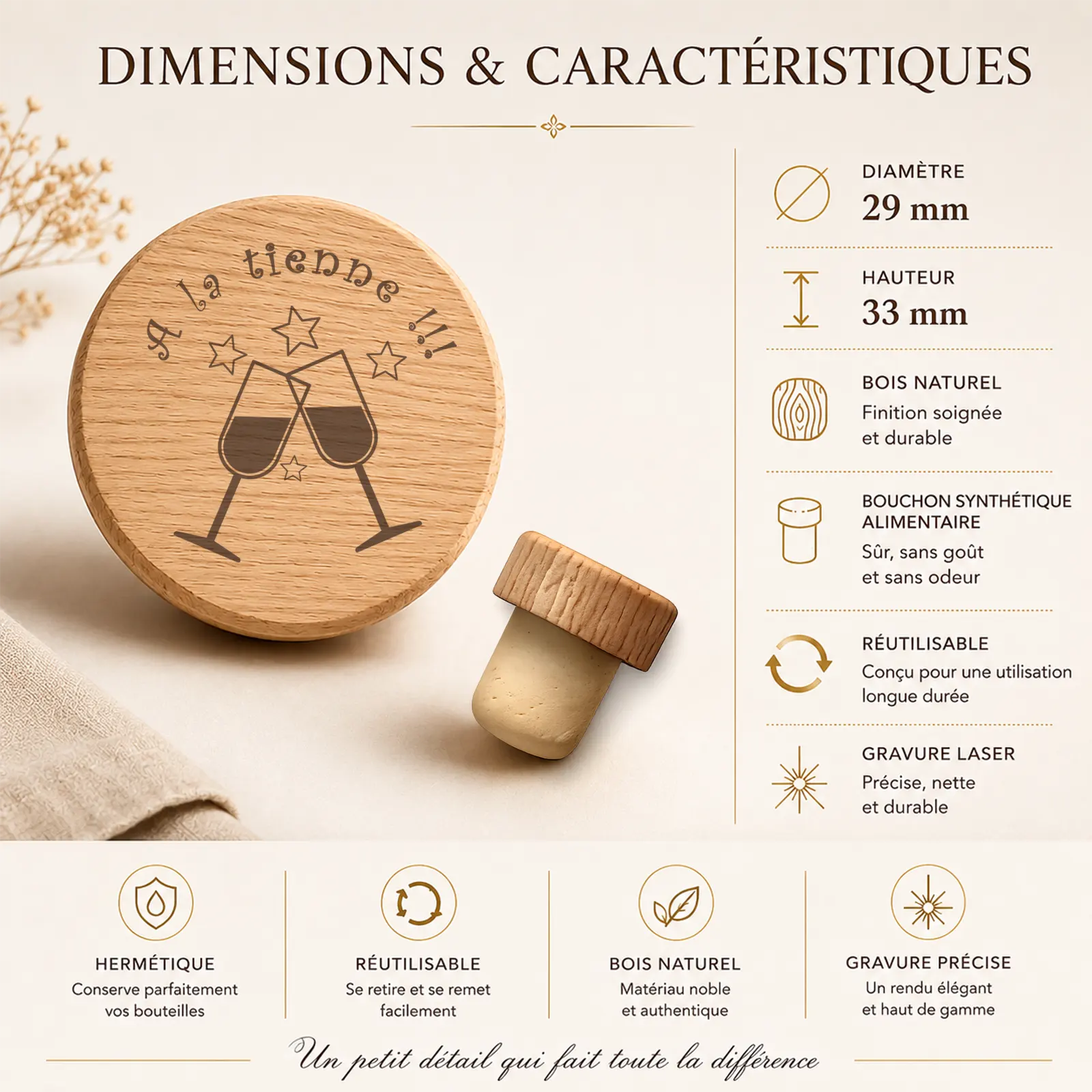 Bouchon de bouteille en bois gravé « À la tienne » avec verres qui trinquent et étoiles, visuel des dimensions