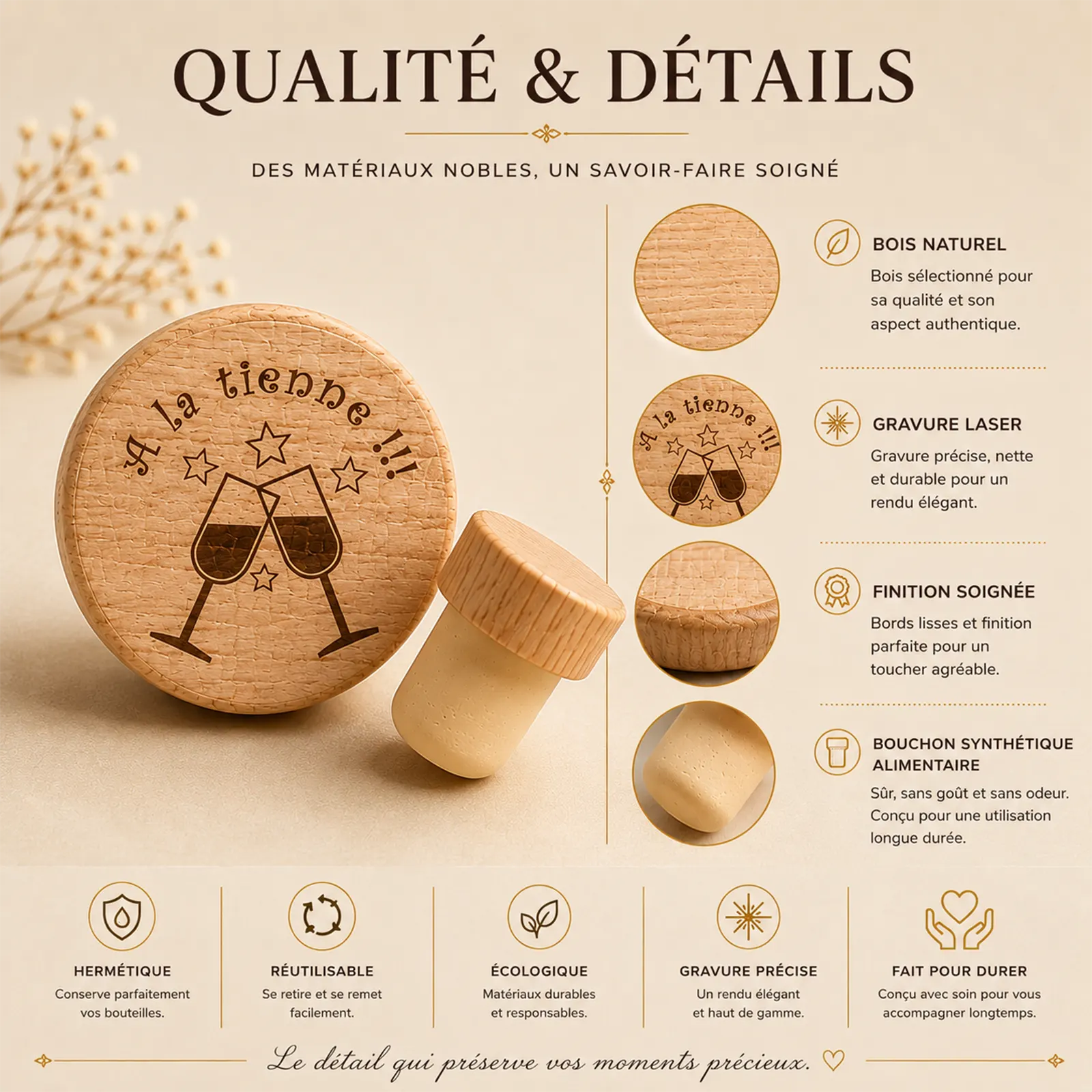 Bouchon de bouteille en bois gravé « À la tienne » avec deux verres qui trinquent et des étoiles, zoom qualité