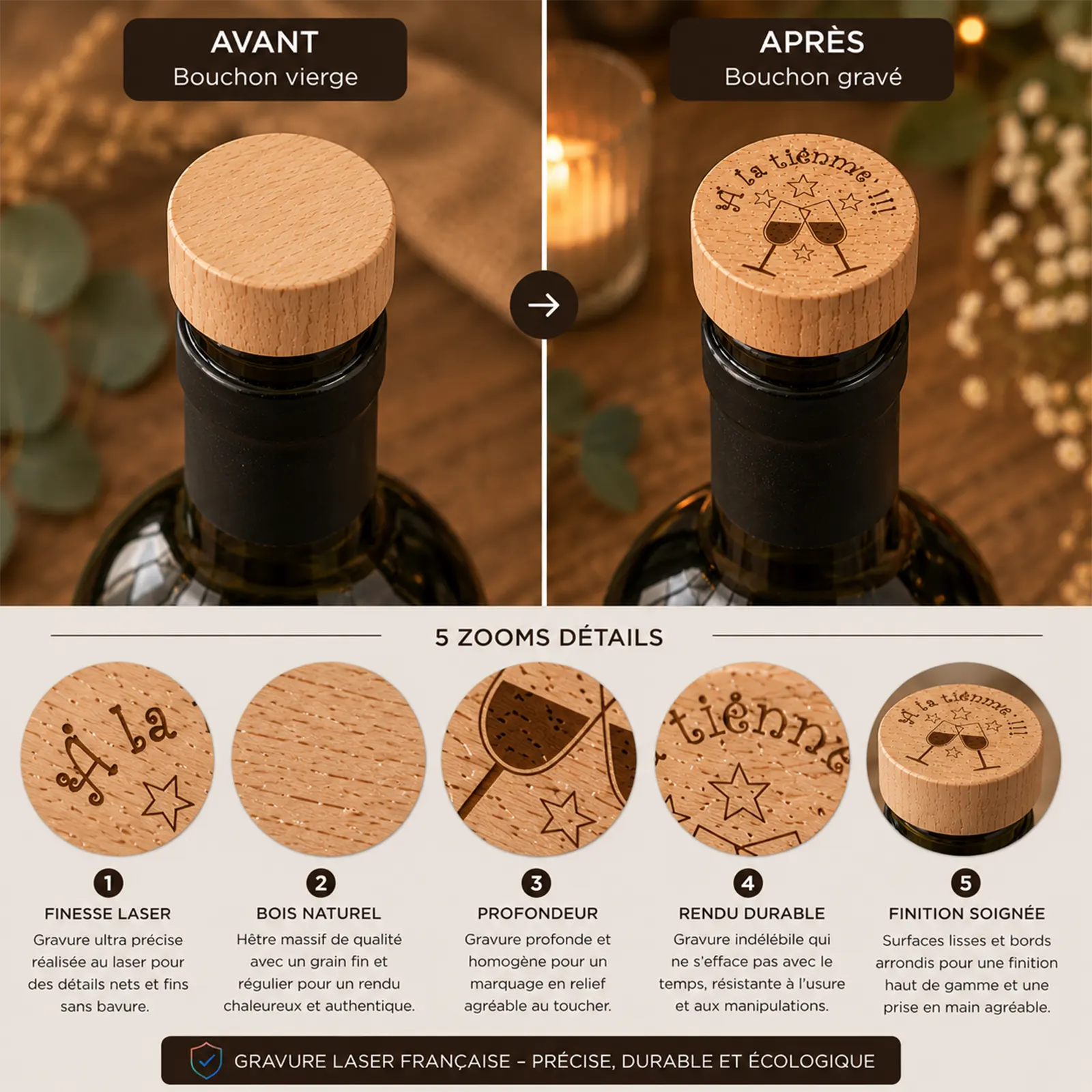 Bouchon en bois vierge puis gravé « À la tienne » et deux verres qui trinquent, posé sur une bouteille de vin