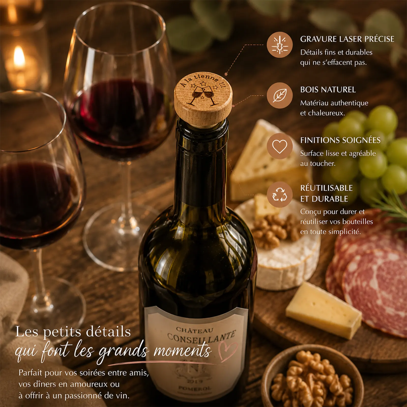Bouchon en bois gravé « À la tienne » et verres qui trinquent sur une bouteille de vin rouge, ambiance apéro