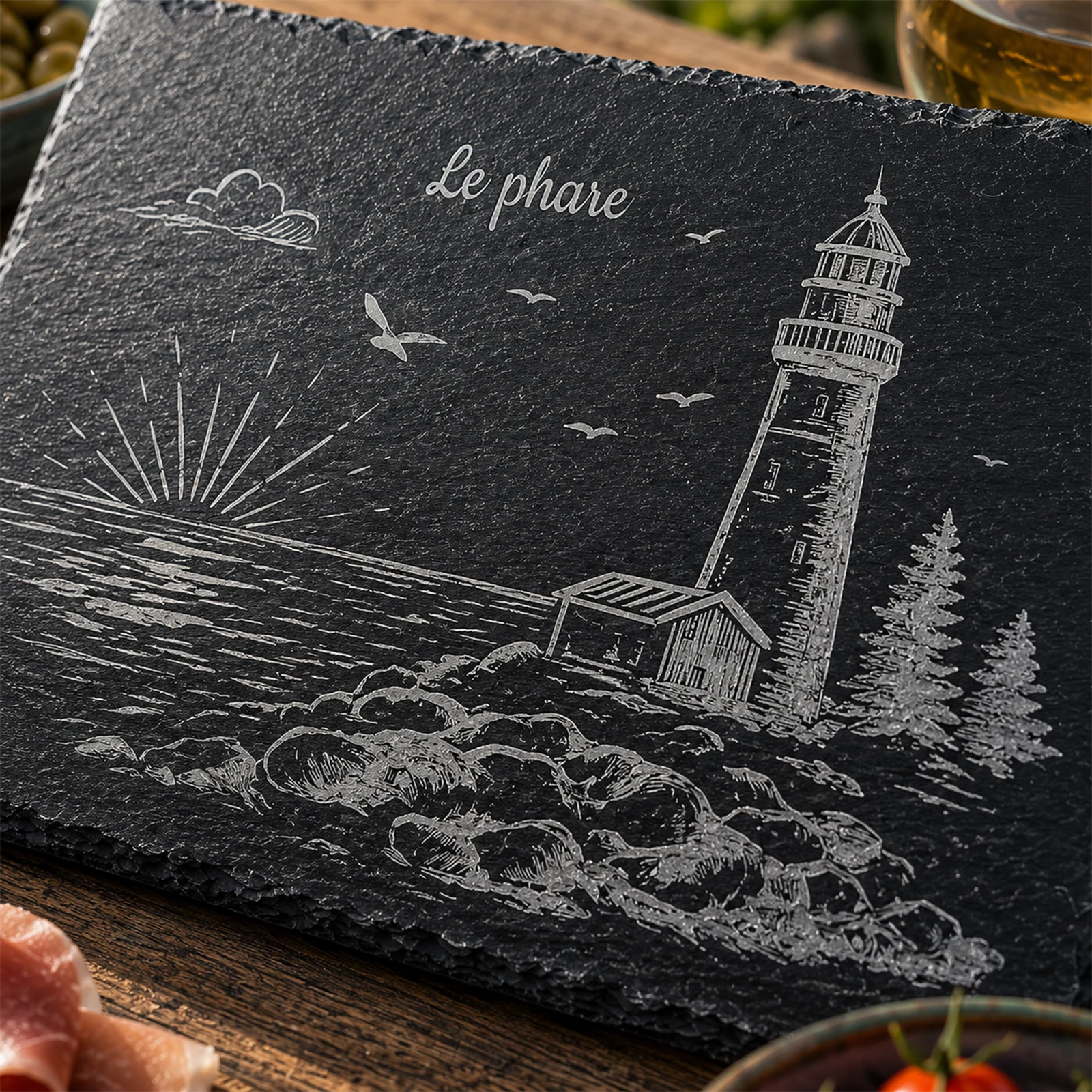 Vue rapprochée de la gravure d'un phare sur son îlot rocheux, avec cabane, sapins et la mention Le phare