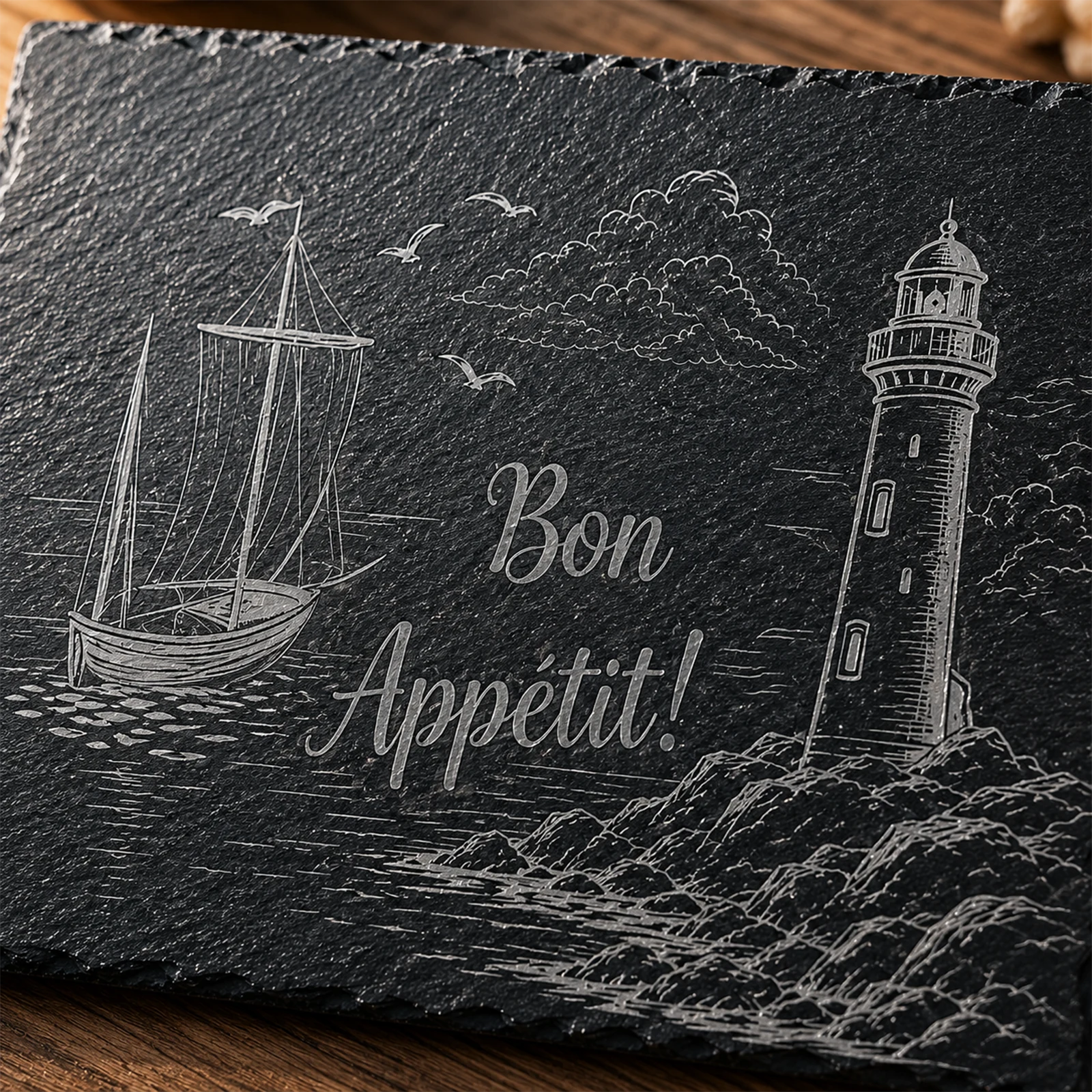 Ardoise noire gravée au laser d'un voilier et d'un phare en bord de mer avec la mention Bon Appétit