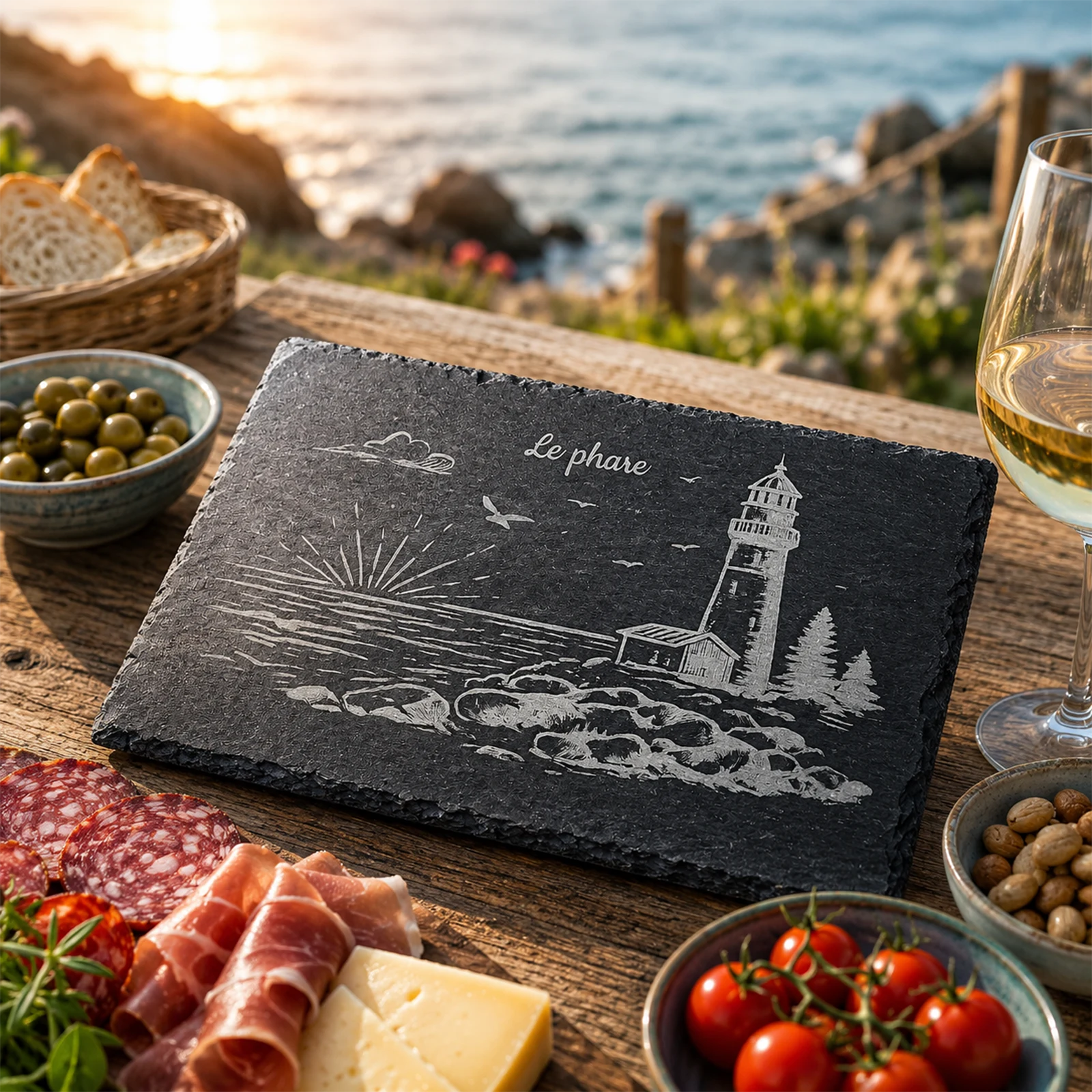 Ardoise gravée au laser d'un phare, d'un soleil couchant et de rochers, posée sur une table en bord de mer