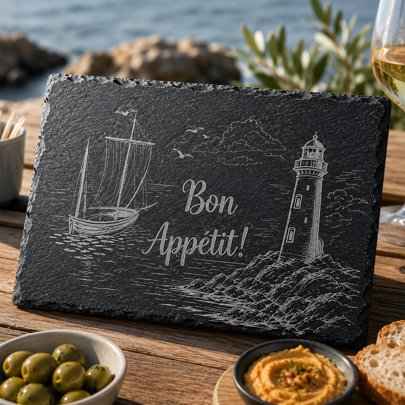 Ardoise noire gravée au laser d'un voilier et d'un phare avec la mention Bon Appétit, posée sur une table au bord de mer