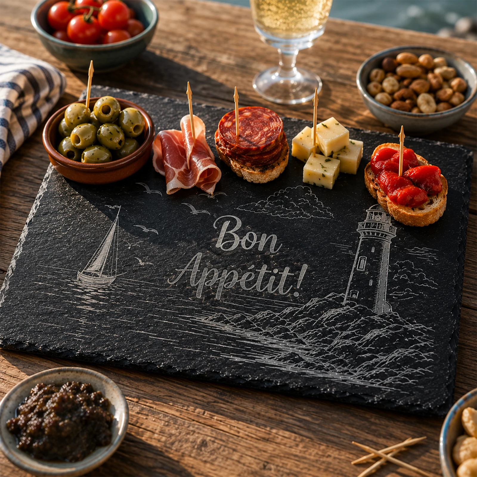 Planche apéro en ardoise gravée voilier et phare, garnie d'olives, charcuterie, fromage et verre de vin blanc