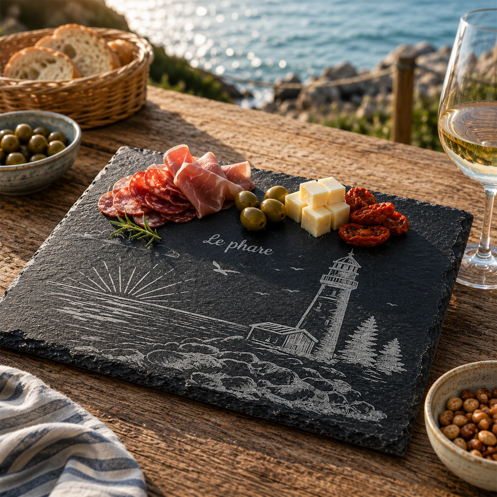 Planche apéro garnie de charcuterie, fromage et olives sur l'ardoise gravée au motif de phare