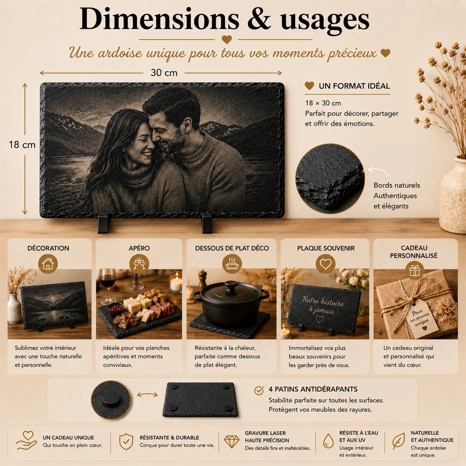 Format 18 x 30 cm et usages de l'ardoise gravée d'une photo de couple, présentée sur chevalet