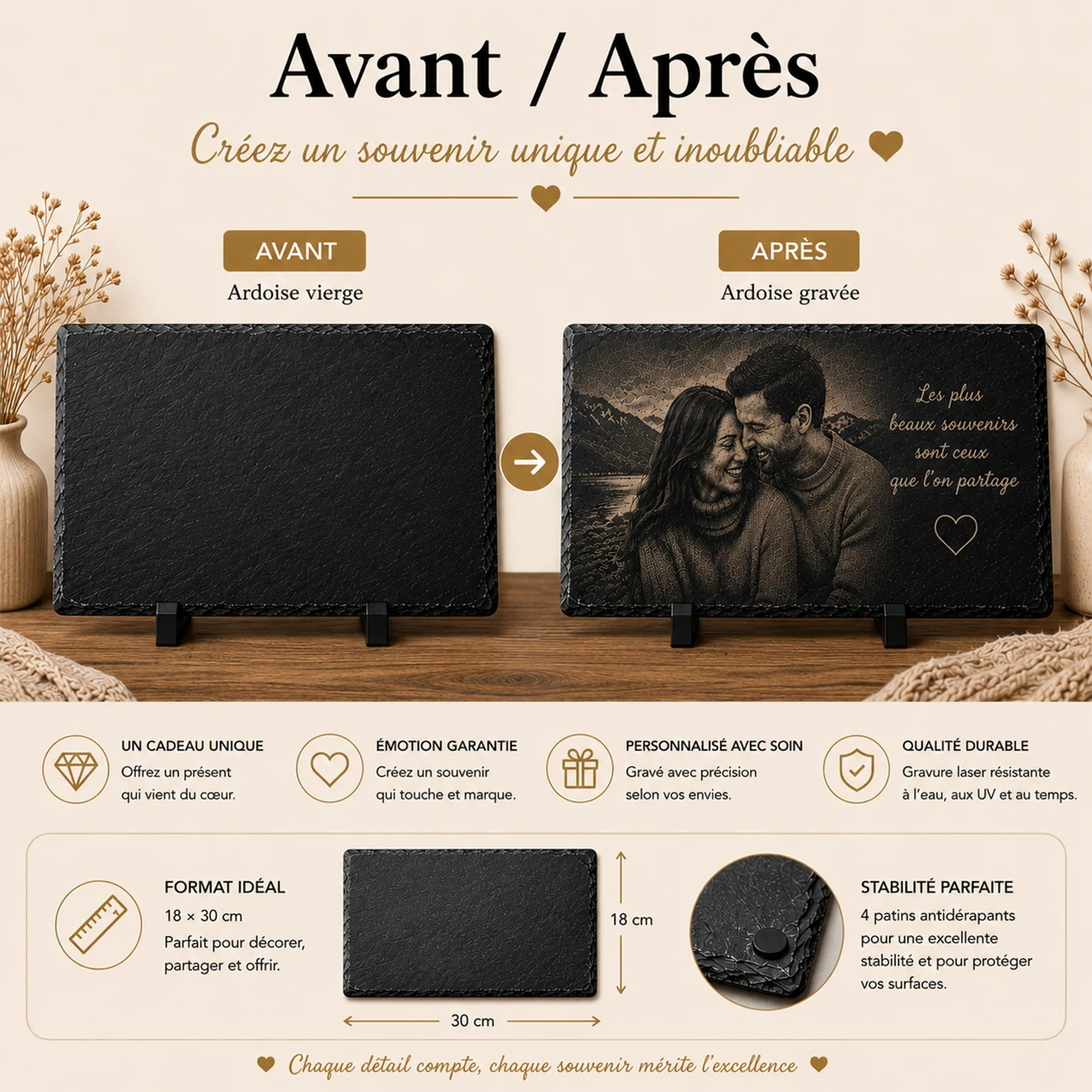 Comparatif avant après d'une ardoise à personnaliser : plaque vierge puis gravée d'une photo de couple et d'un texte