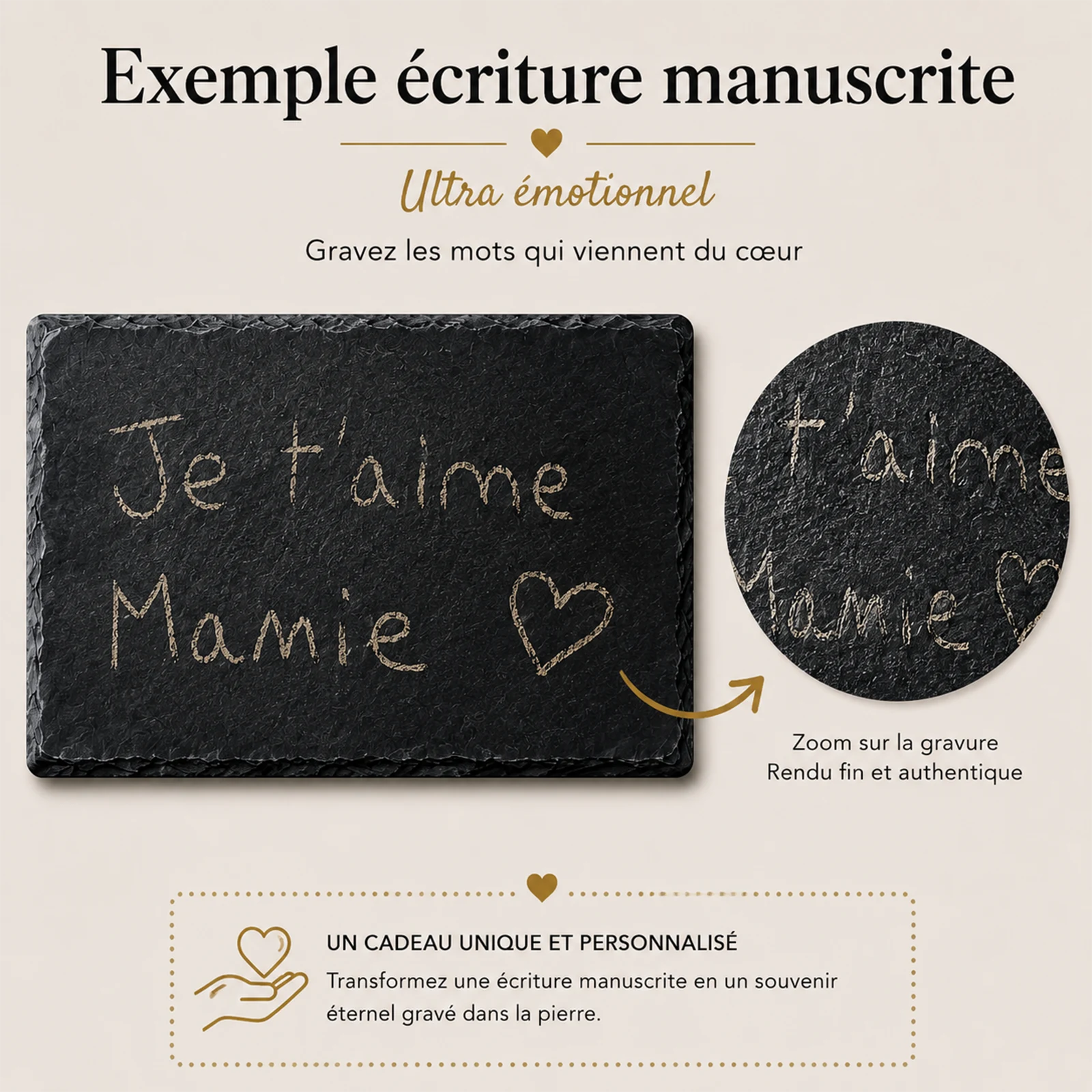 Message manuscrit Je t'aime Mamie gravé sur ardoise à personnaliser, avec un zoom sur la finesse de la gravure