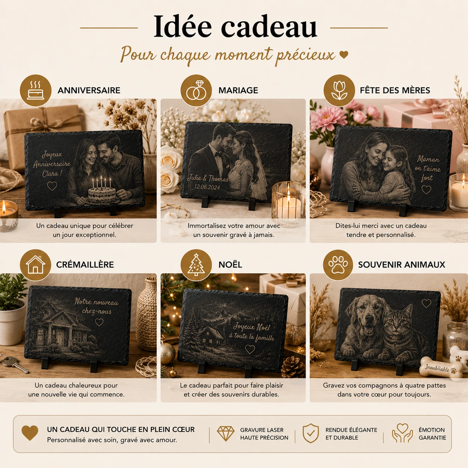 Ardoises photo gravées au laser à personnaliser, exemples pour anniversaire, mariage, fête des mères, Noël et souvenir animaux