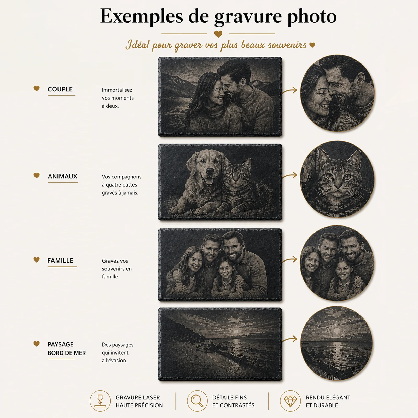 Photos gravées en exemple sur ardoise à personnaliser : couple, animaux, famille et paysage de bord de mer